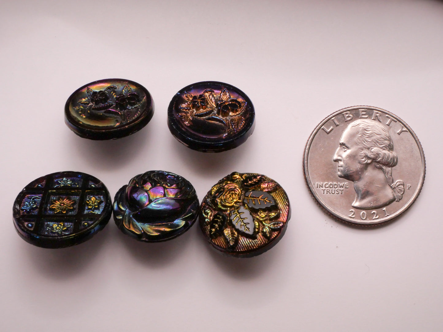 Flower Floral Rainbow Iridescent Luster Black Glass Button Various 17-18mm