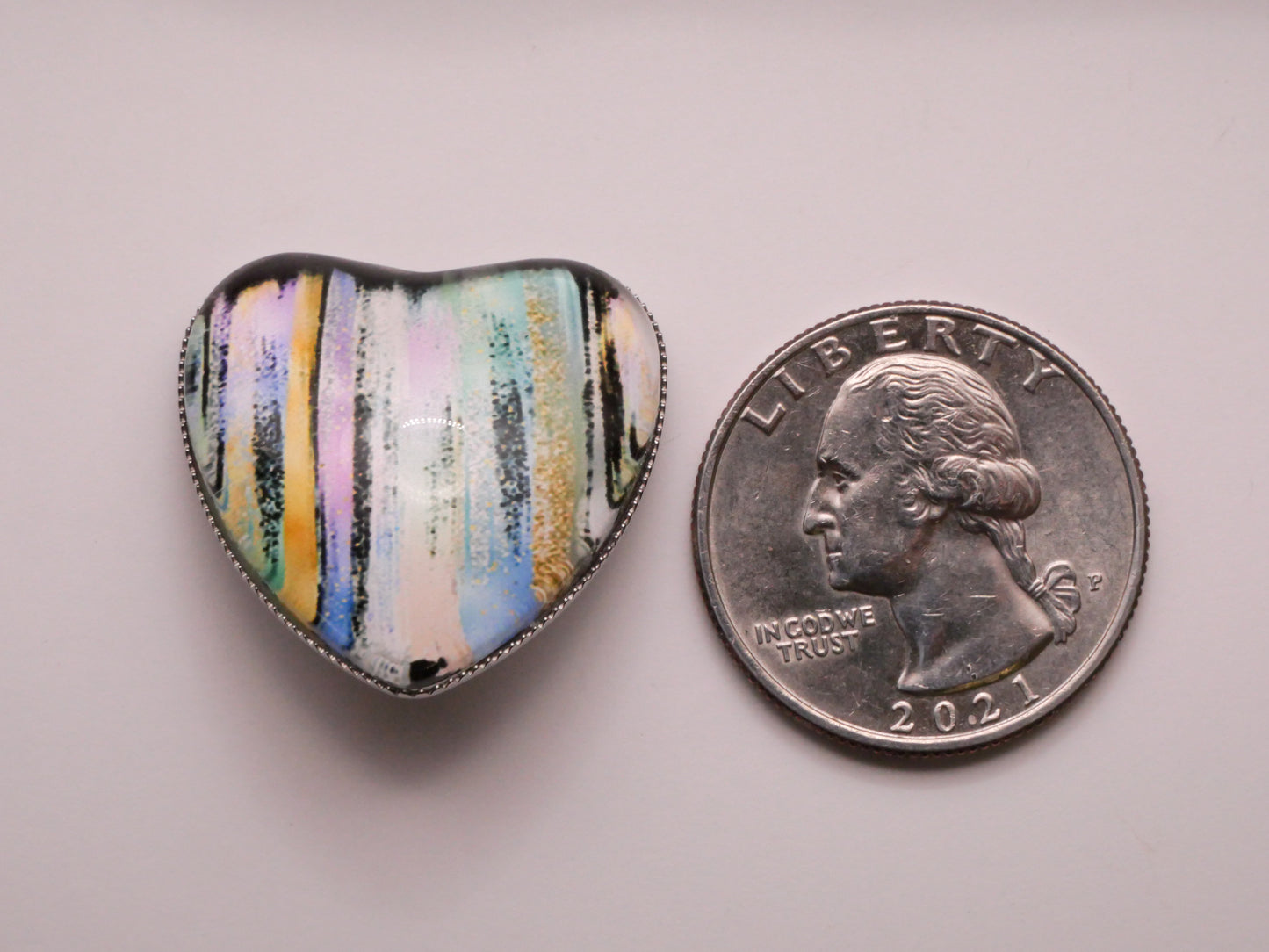 Heart Pastel Painterly Stripes Glass Silver Metal Button 25x27mm