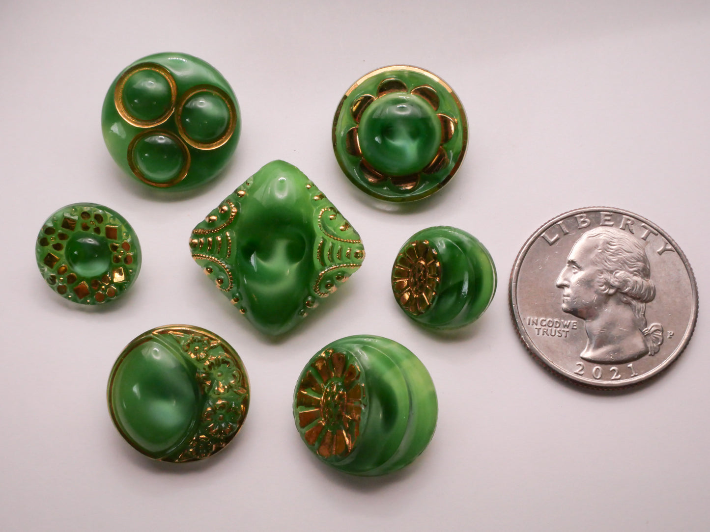 Green Moonglow Gold Accent Vintage Glass Button Various 14-23mm