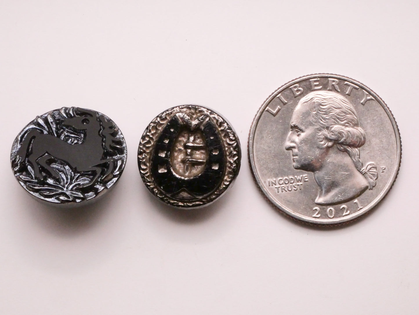 Horse or Horseshoe Luster Black Glass Button Various 16-18mm