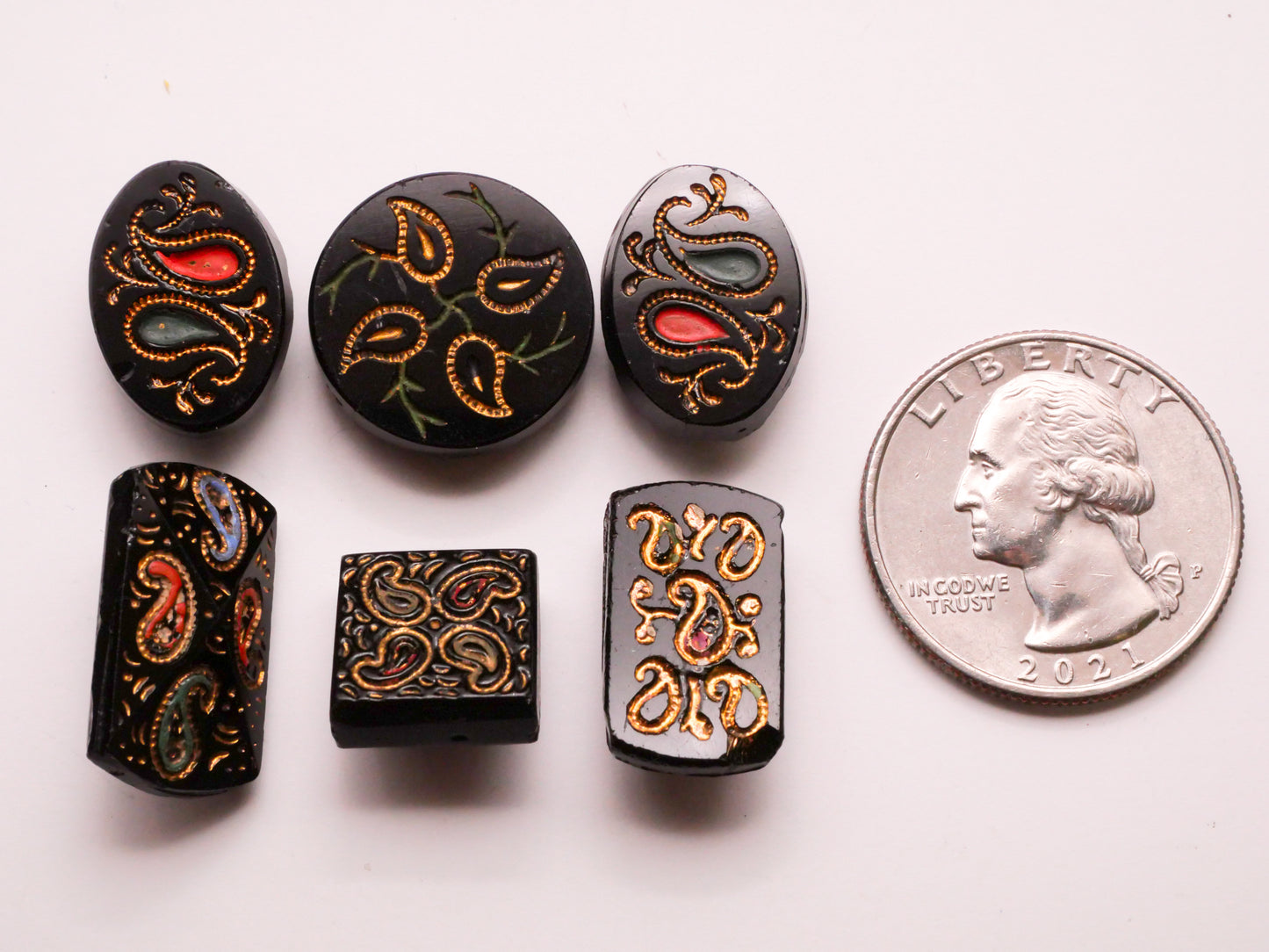 Paisley Motif Hand-Painted Antique Glass Button Various 12-21mm