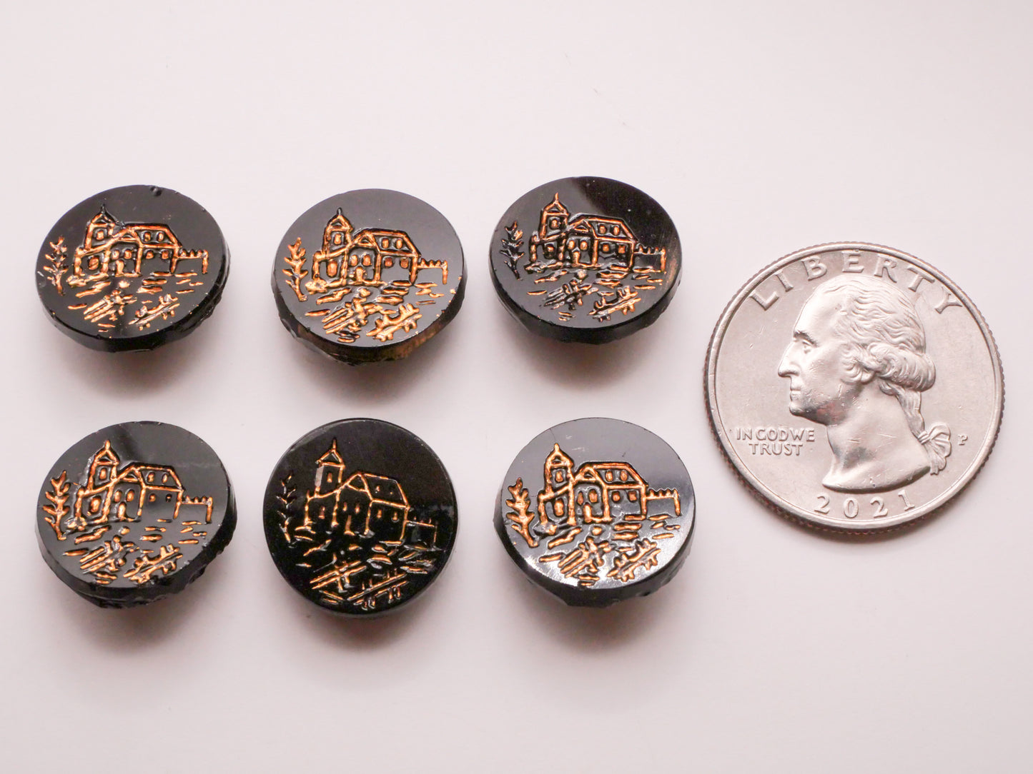 Church or Castle Landscape Gold Black Glass Button Various 16mm