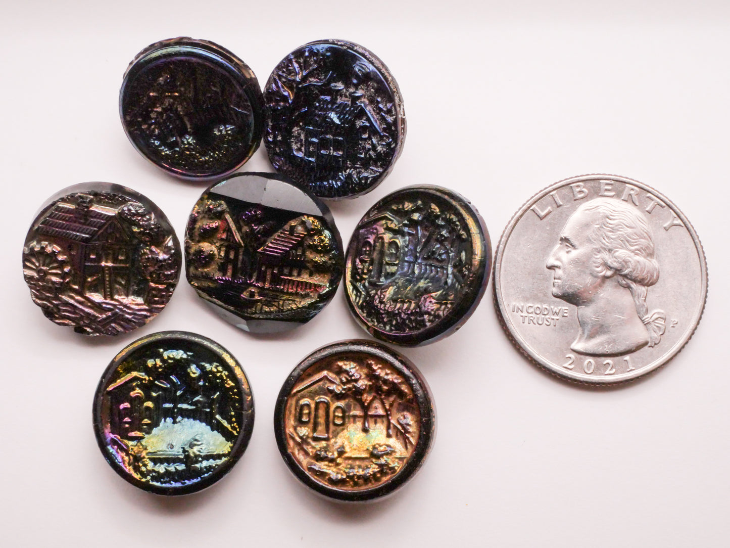Landscape Home Building Rainbow Luster Black Glass Button Various 17-18mm