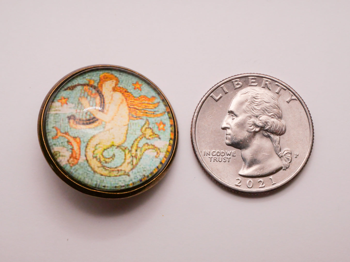 Mermaid Harp Painting Glass Dome Bronze Metal Button 28mm