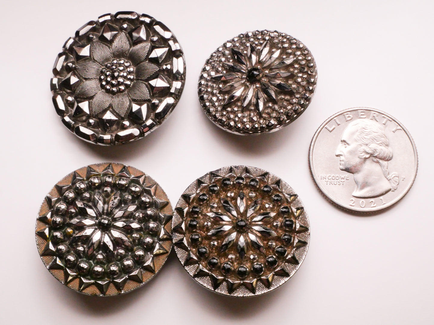Flower Radial Design Silver Luster Black Glass Button Various 27-32mm
