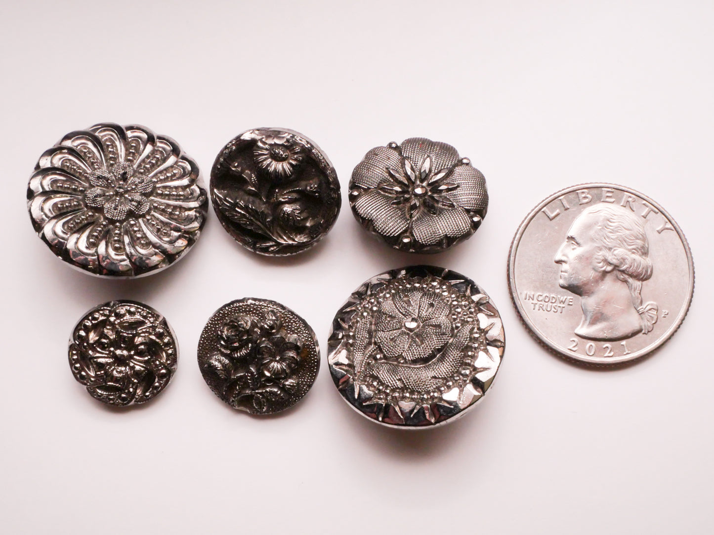 Flower Design Silver Luster Black Glass Button Various 14-23mm