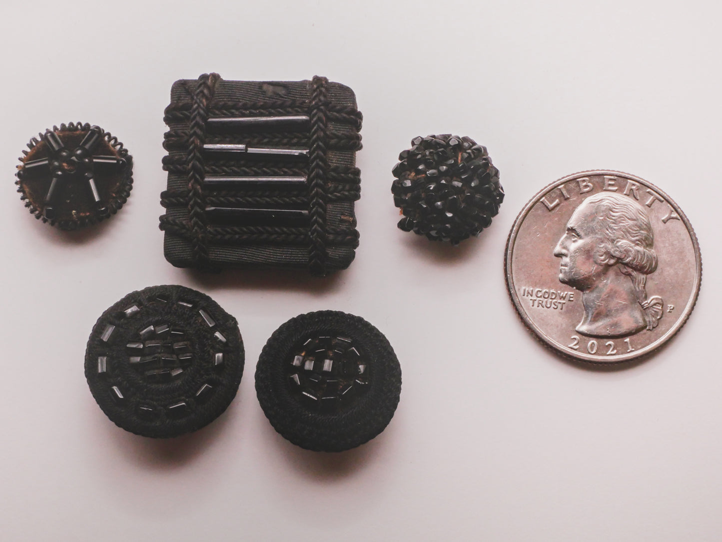 Thread-Back Black Fabric Glass Beads Victorian Button Various 14-24mm