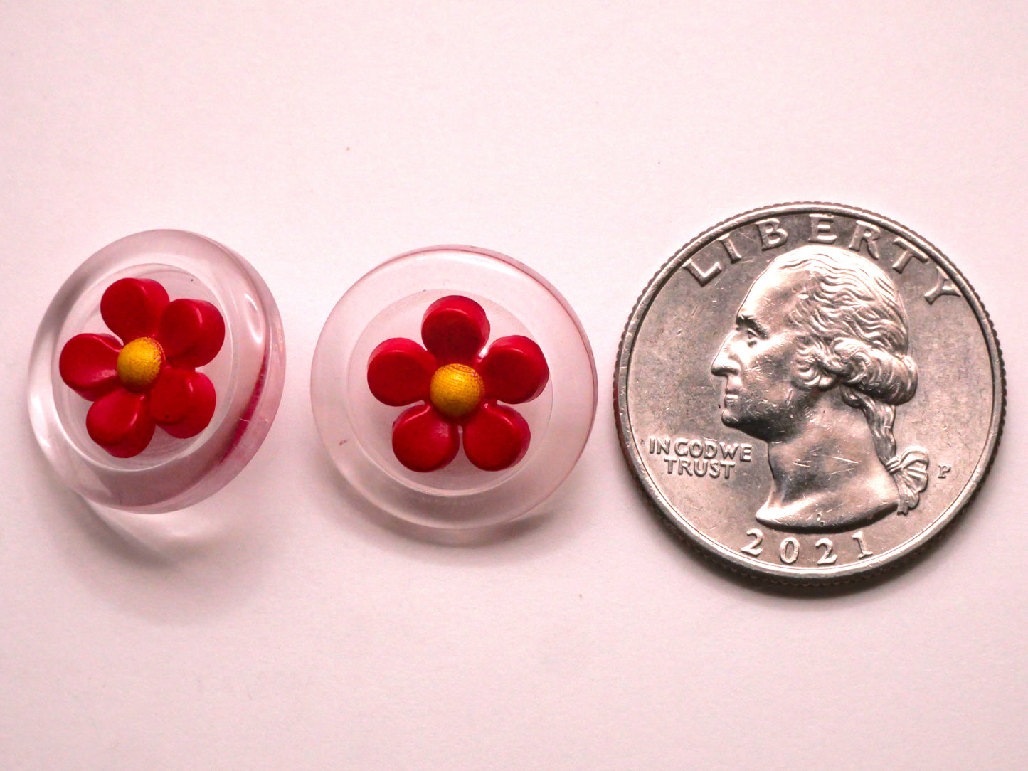 Red Flower Lucite Look Modern Plastic Pair of Buttons 18mm