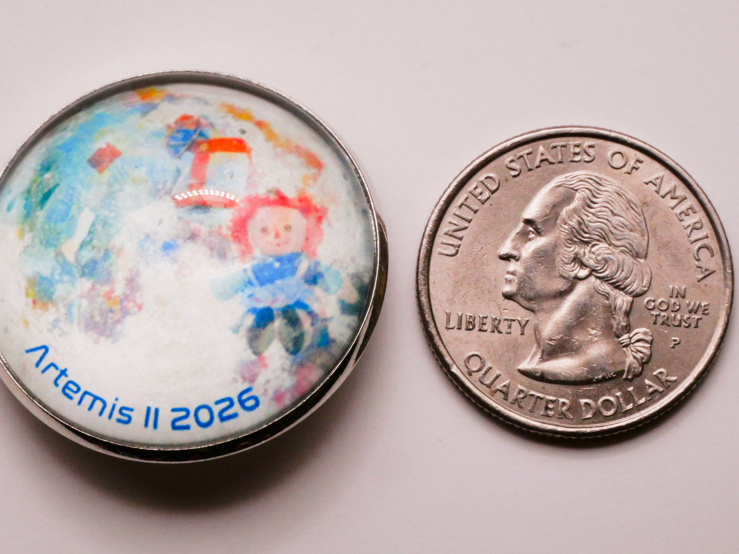 Artemis II Raggedy Ann Back Side of The Moon Glass Dome Silver Metal Button 32mm