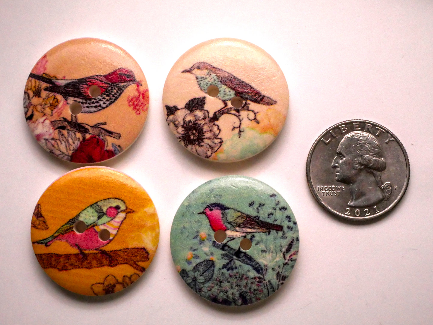 Bird Scene Flower Wood Assorted Set of Four Buttons 30mm