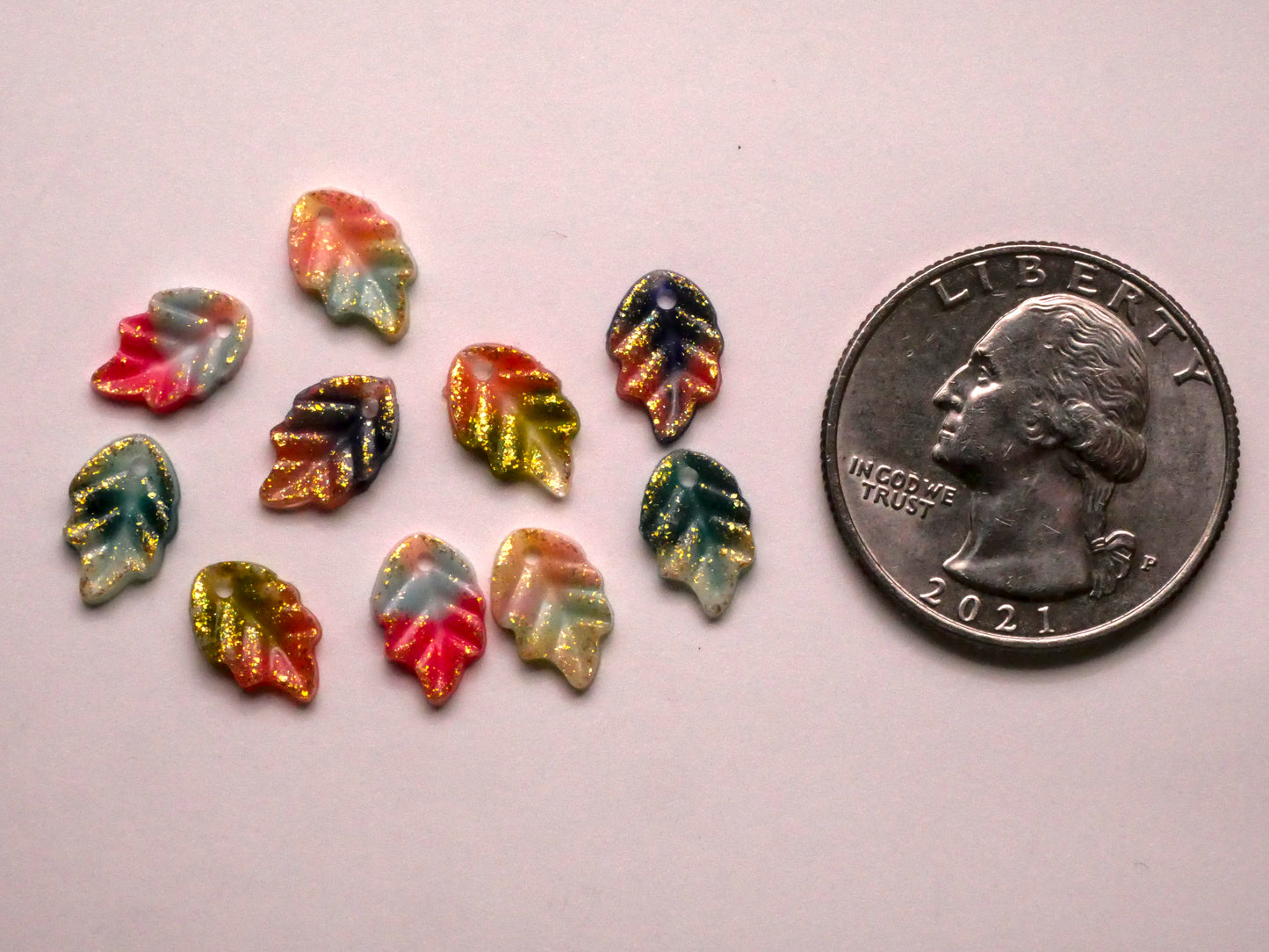 Colorful Ombre Glitter Leaf Leaves Plastic Assorted Set of Ten Charms Embellishments 7x10mm
