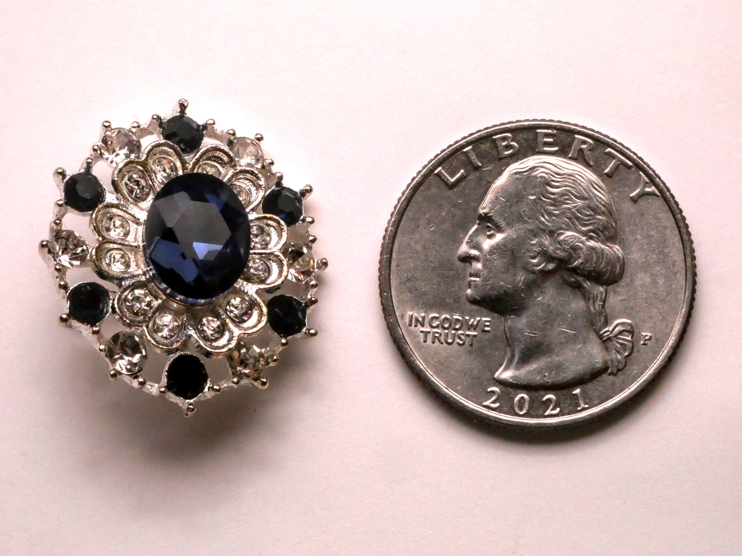 Navy Blue Rhinestone Flower Filigree Silver Metal Button 22x25mm