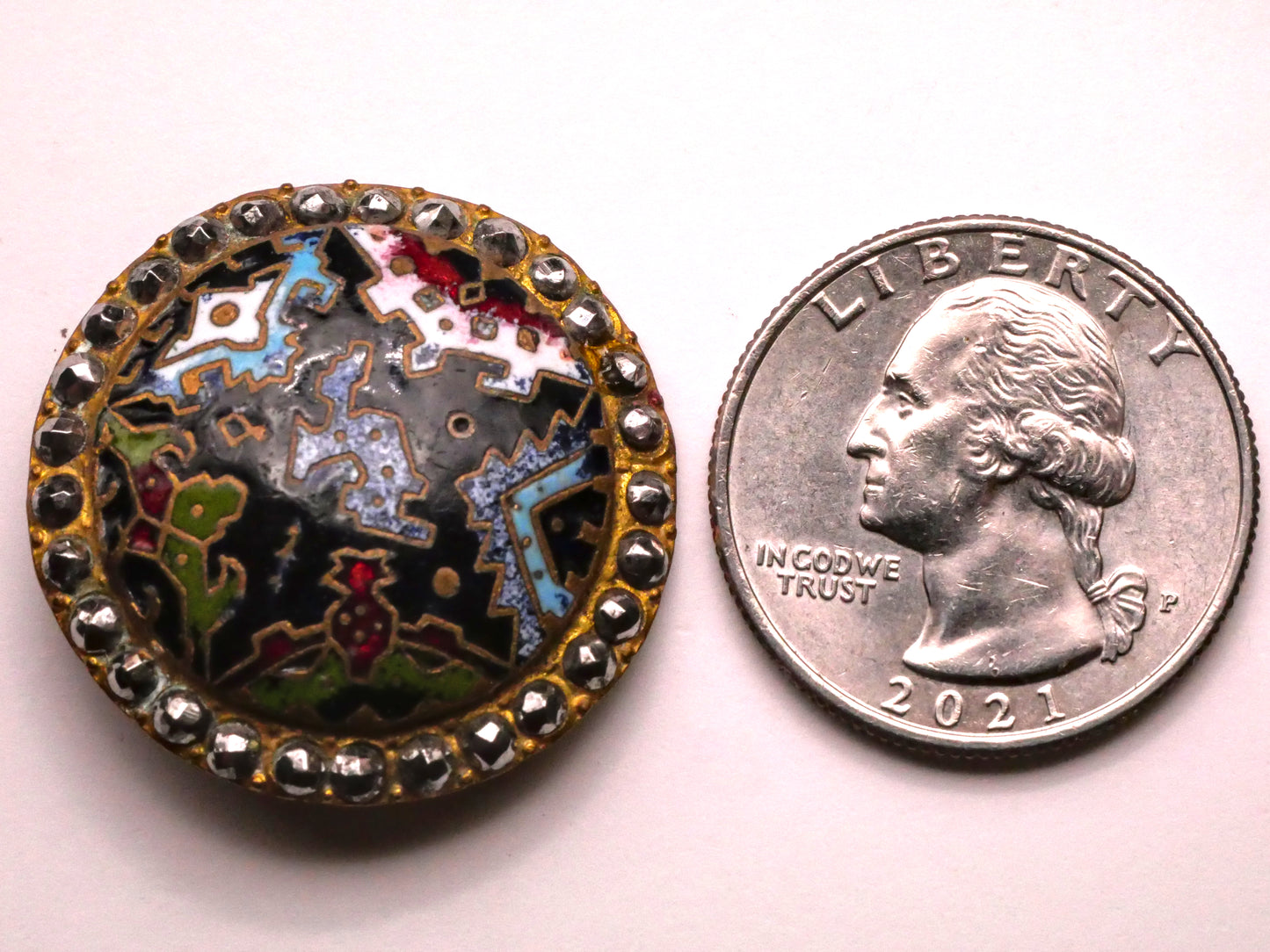 Aztec Design Cloisonné Enamel Steel-Cut Victorian Button 29mm
