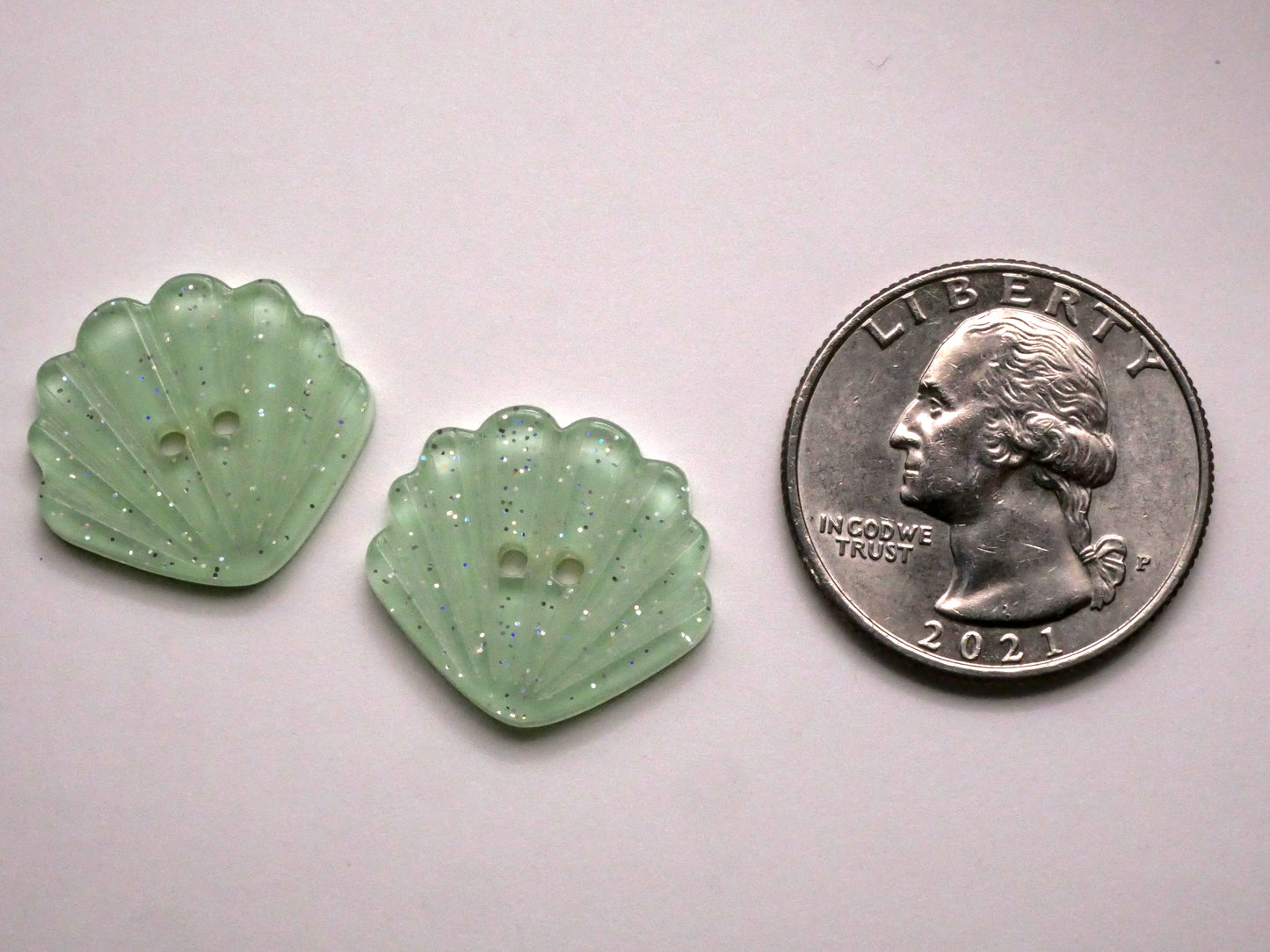 Clamshell Shells Mint Seafoam Glitter Plastic Pair of Buttons 18x20mm