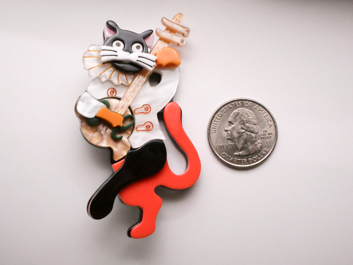 Black Cat Musician Banjo Guitar Acrylic Plastic Large Button 42x77mm