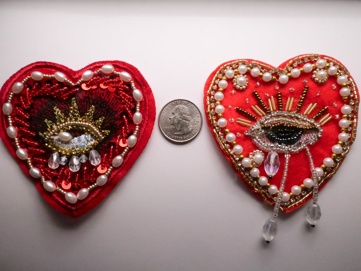 Heart Crying Eye Beaded Fabric Patch Embellishment Various 83x86mm