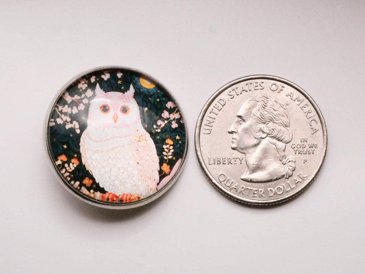 Owl Pale Pink Moon Glass Silver Metal Button 27mm