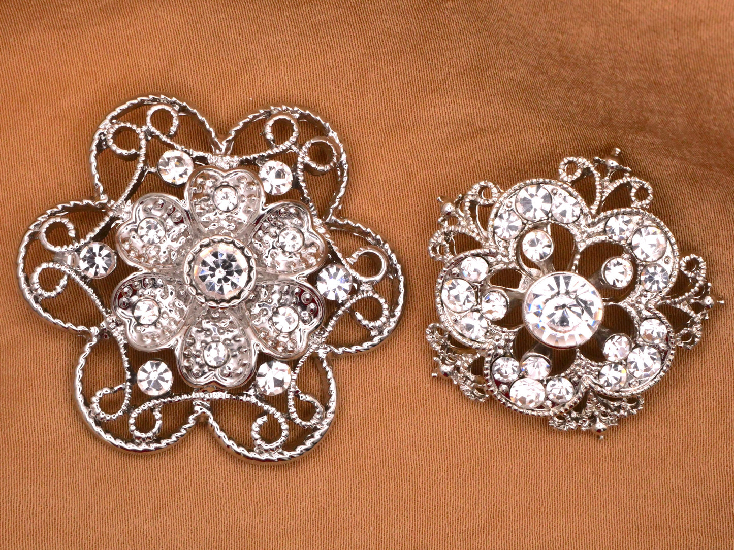 Rhinestone Filigree Flower Silver Metal Clear Glass Button Various 29-39mm