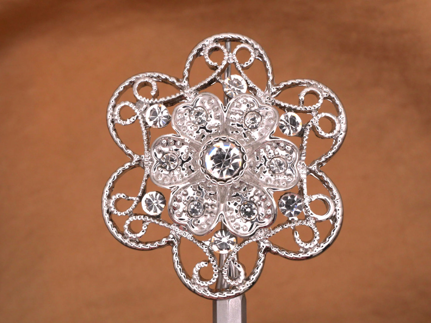 Rhinestone Filigree Flower Silver Metal Clear Glass Button Various 29-39mm