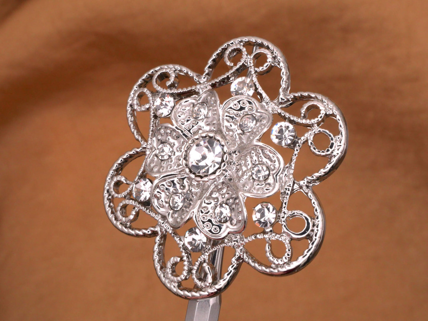 Rhinestone Filigree Flower Silver Metal Clear Glass Button Various 29-39mm