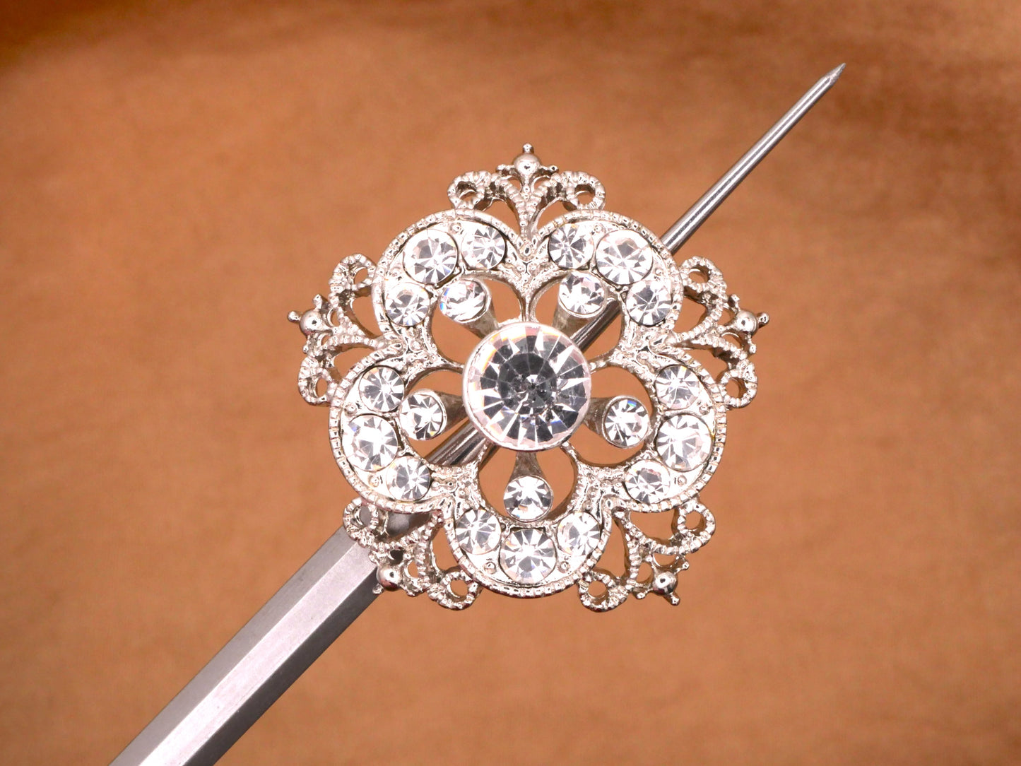 Rhinestone Filigree Flower Silver Metal Clear Glass Button Various 29-39mm