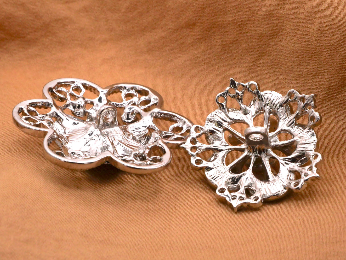 Rhinestone Filigree Flower Silver Metal Clear Glass Button Various 29-39mm