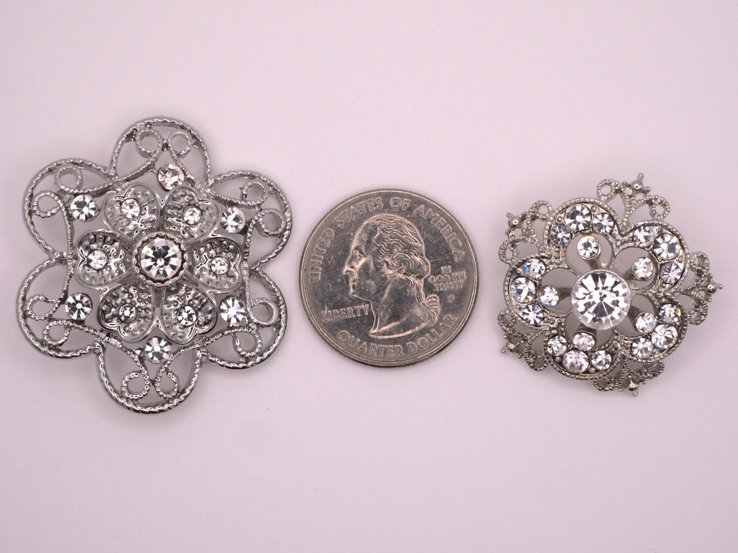 Rhinestone Filigree Flower Silver Metal Clear Glass Button Various 29-39mm