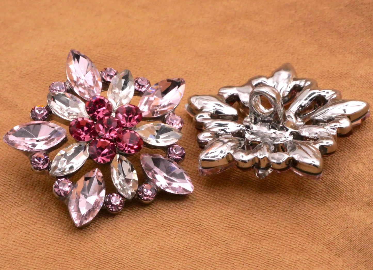 Rhinestone Pink Glass Star Metal Button 25mm