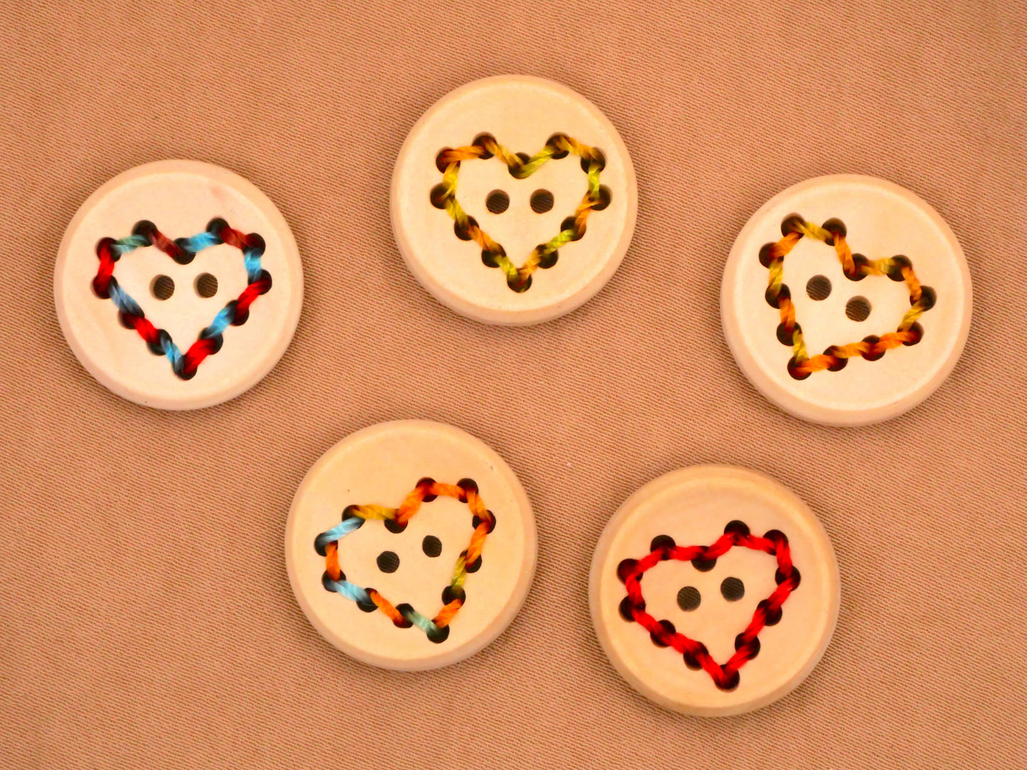 Heart Sewn Colored Thread Wood Set of Five Buttons Various 20mm