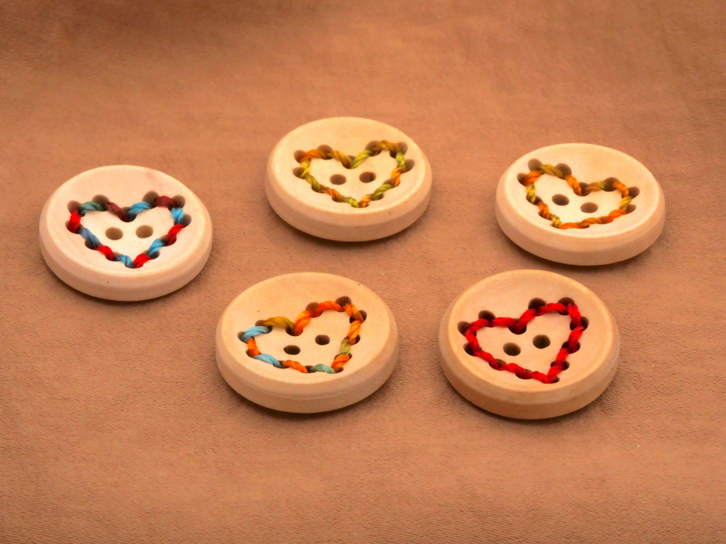 Heart Sewn Colored Thread Wood Set of Five Buttons Various 20mm