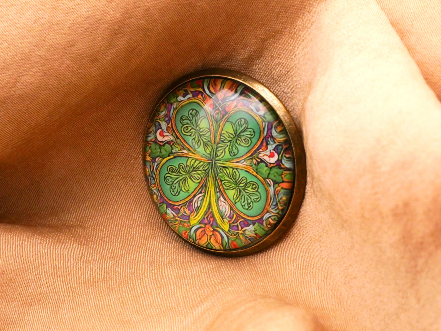 Art Nouveau Colorful Shamrock Clover Glass Dome Button 27mm