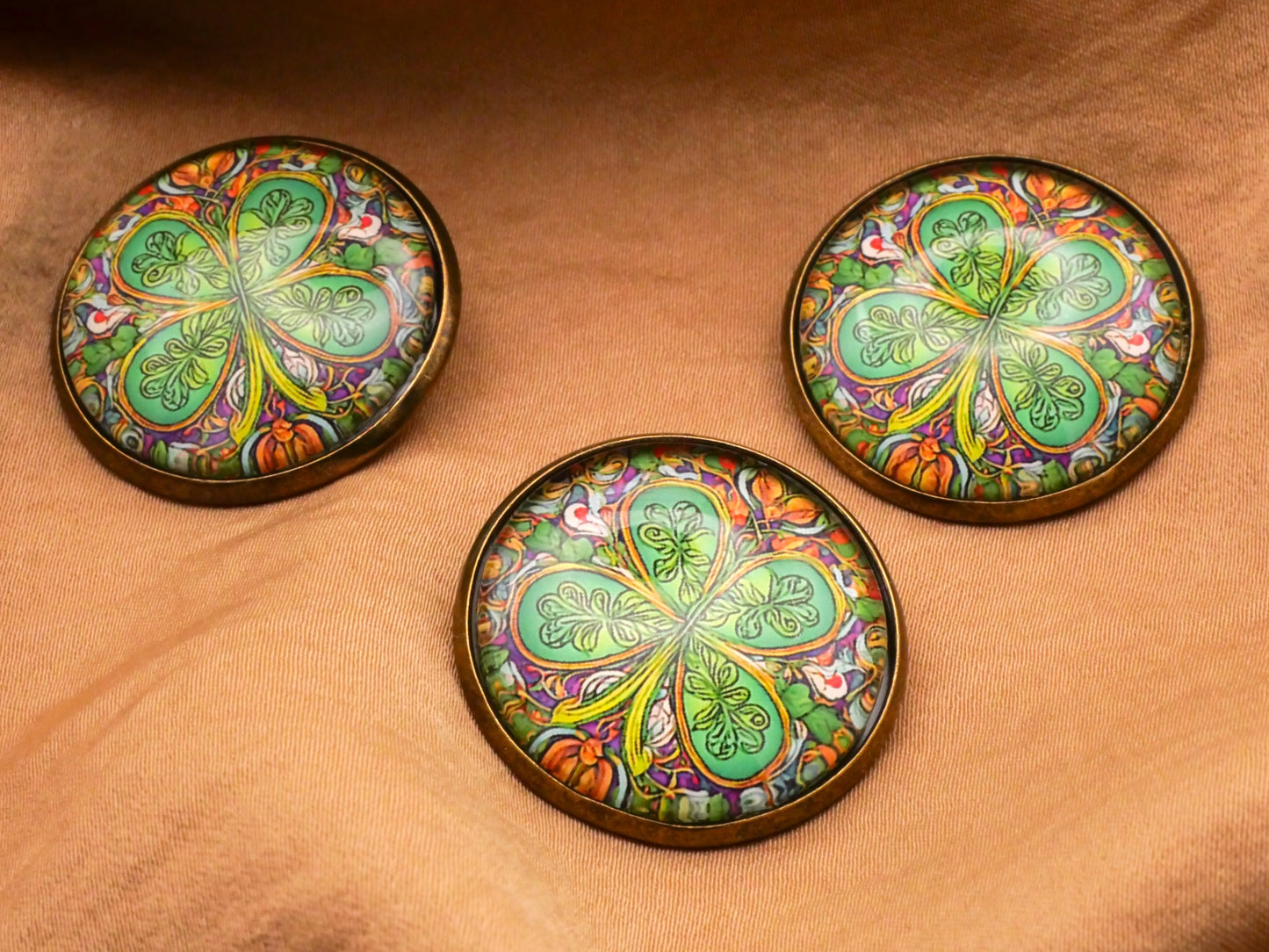 Art Nouveau Colorful Shamrock Clover Glass Dome Button 27mm
