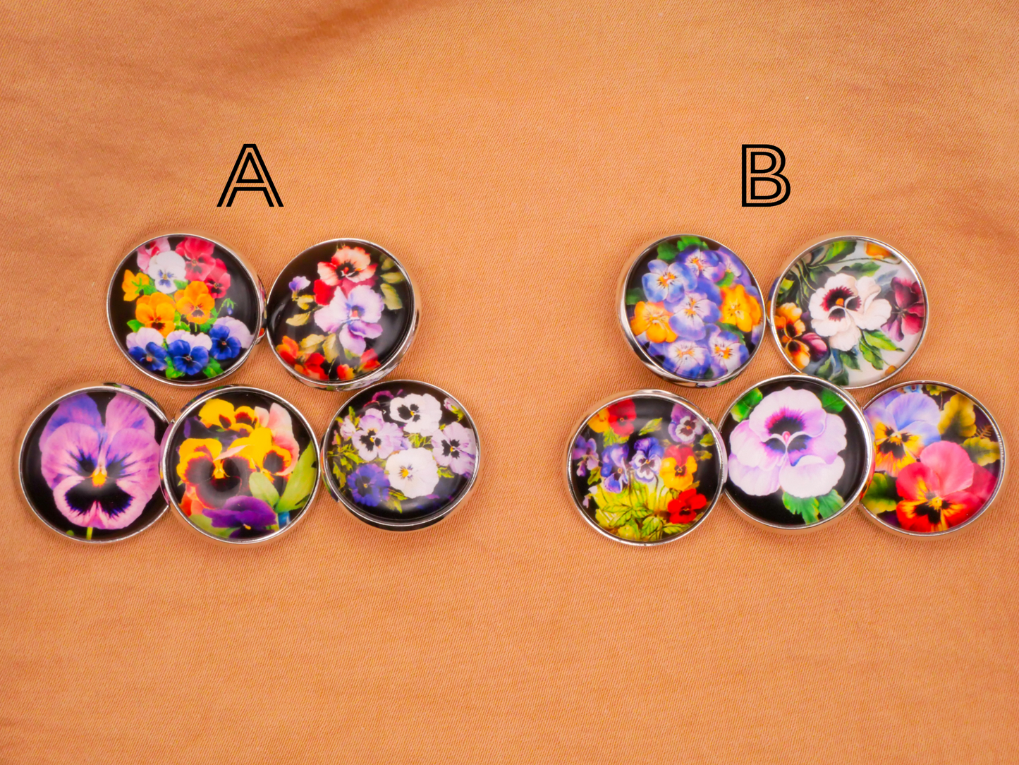Pansy Colorful Glass Dome Silver Metal Set of Five Buttons Various 20mm