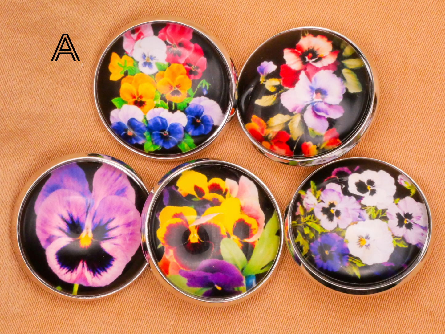 Pansy Colorful Glass Dome Silver Metal Set of Five Buttons Various 20mm