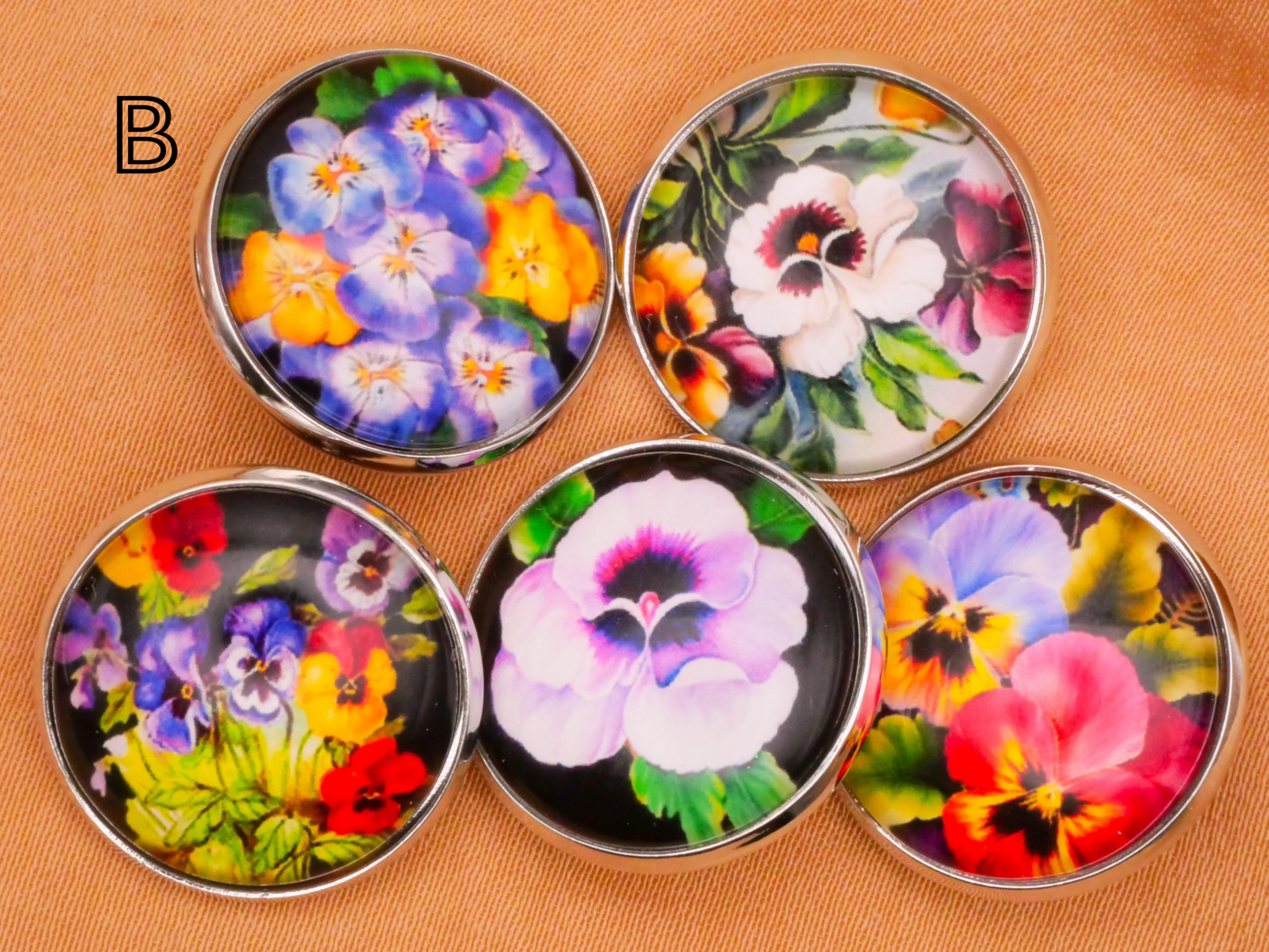Pansy Colorful Glass Dome Silver Metal Set of Five Buttons Various 20mm