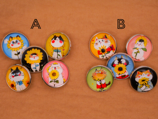 Cat Kitty Sunflowers Glass Silver Metal Set of Five Buttons Various 20mm