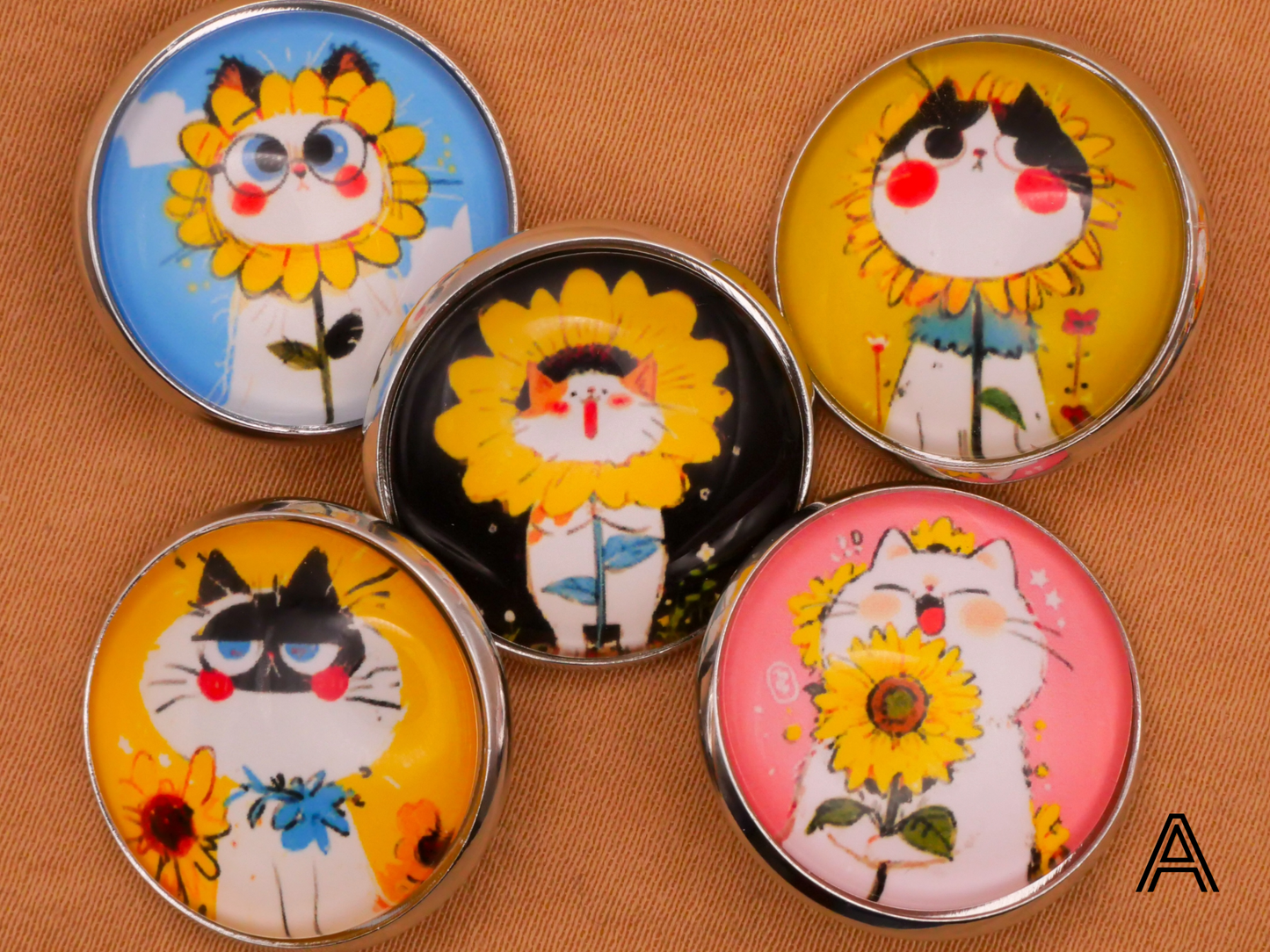 Cat Kitty Sunflowers Glass Silver Metal Set of Five Buttons Various 20mm