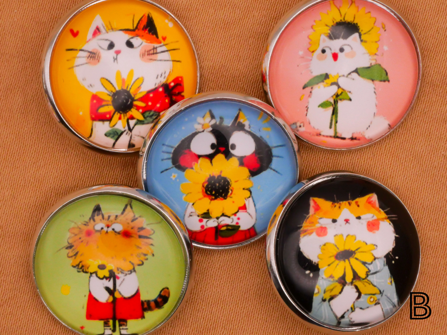 Cat Kitty Sunflowers Glass Silver Metal Set of Five Buttons Various 20mm