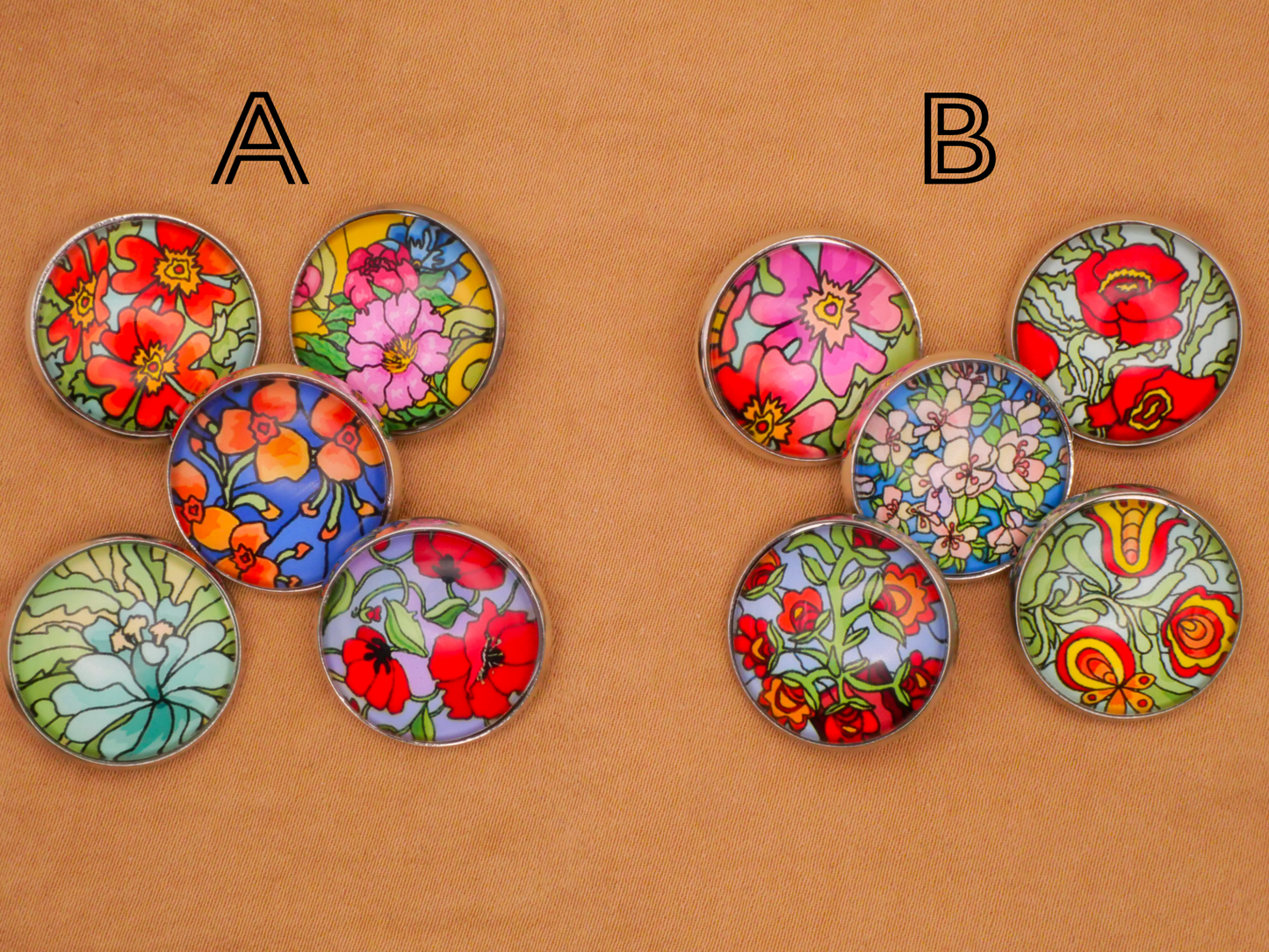 Floral Flower Art Nouveau Glass Silver Metal Set of Five Buttons Various 20mm