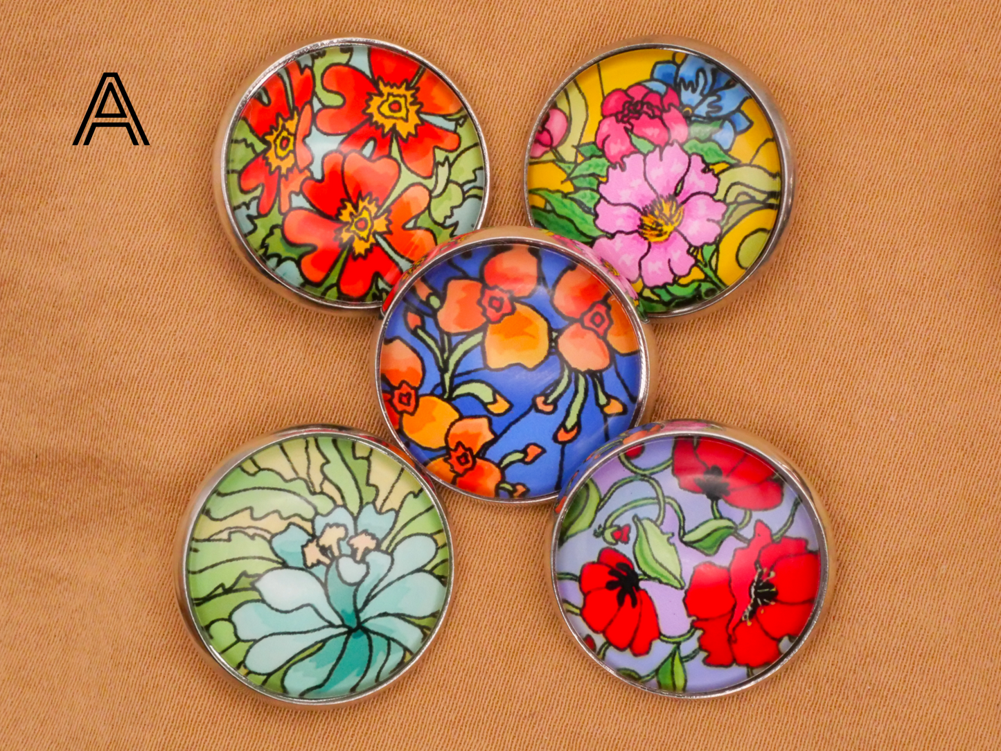 Floral Flower Art Nouveau Glass Silver Metal Set of Five Buttons Various 20mm