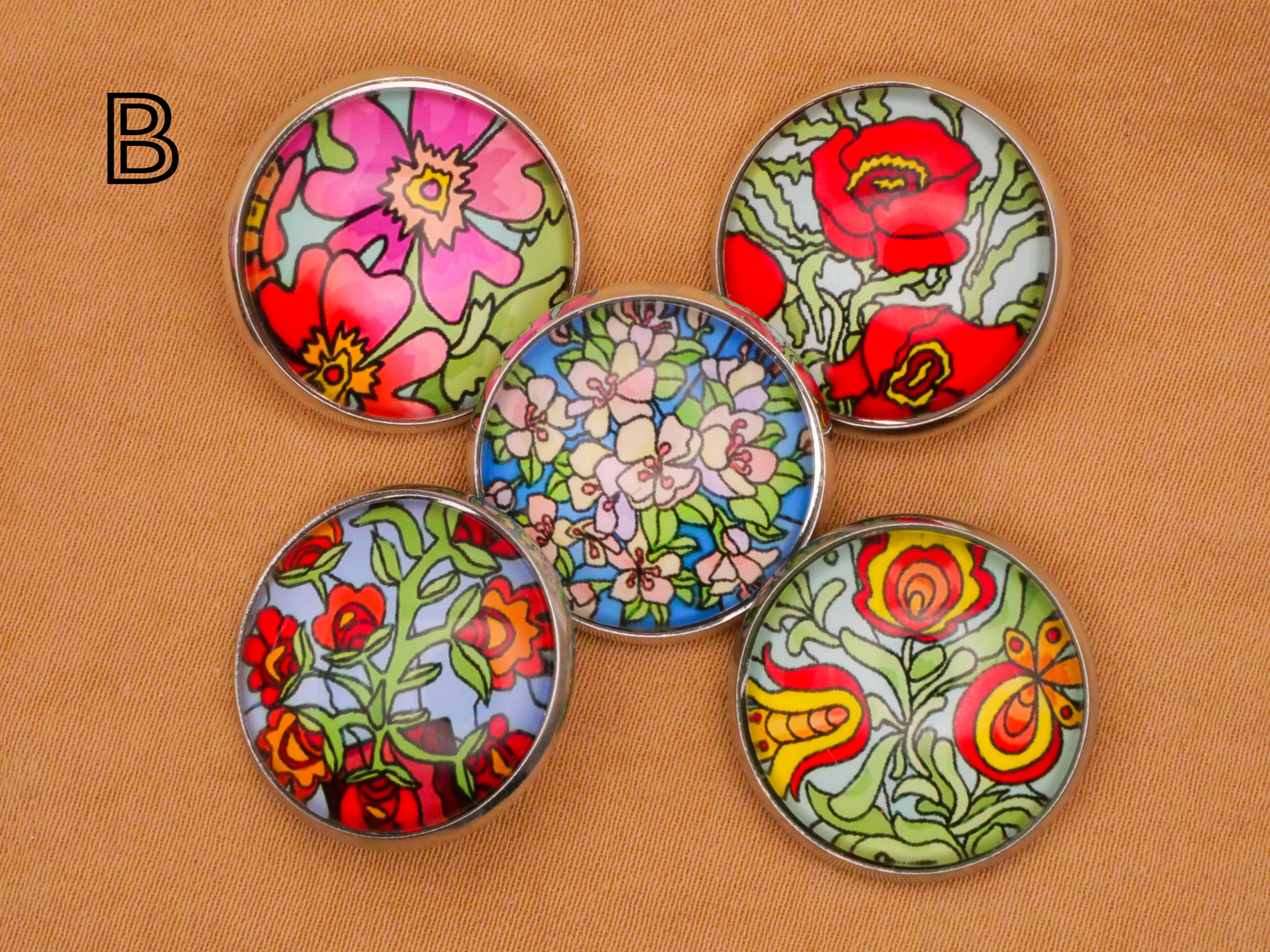 Floral Flower Art Nouveau Glass Silver Metal Set of Five Buttons Various 20mm