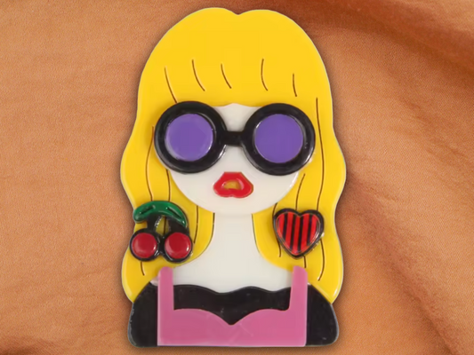 Hippie Blonde Girl Glasses Cherries Heart Large Acrylic Plastic Button 42x62mm