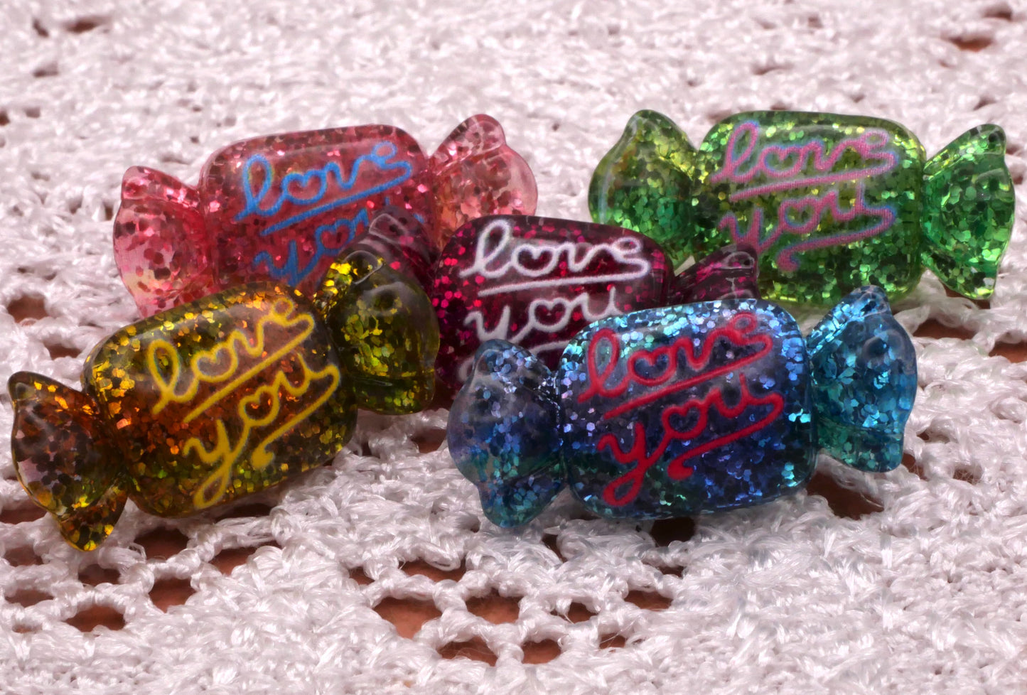 Valentine Candy "Love You" Buttons Set of Five Colors 12x26mm