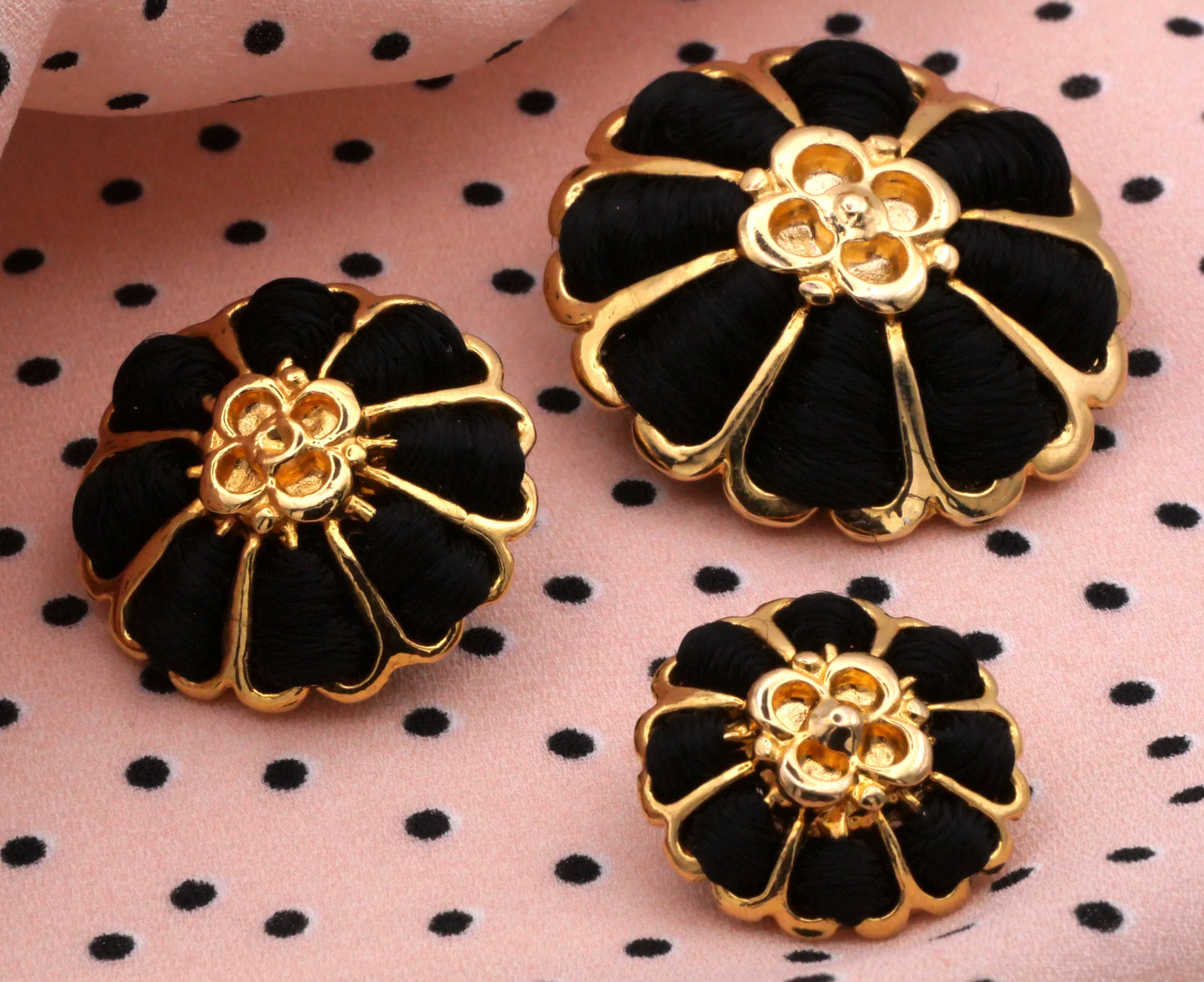Gold Metal Flower Buttons Black Woven Ribbons Three Sizes Available 9-31mm
