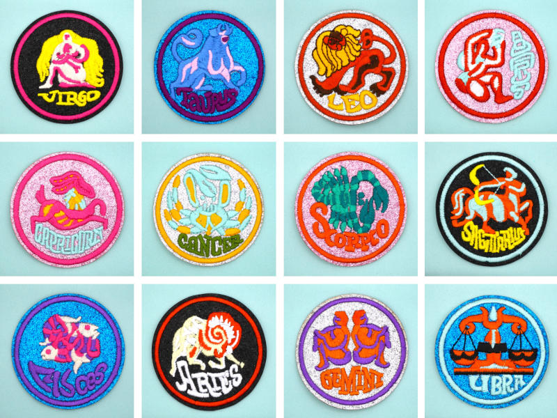 Zodiac Sign Patch Glitter Bright Colors Embroidery Patches 71mm