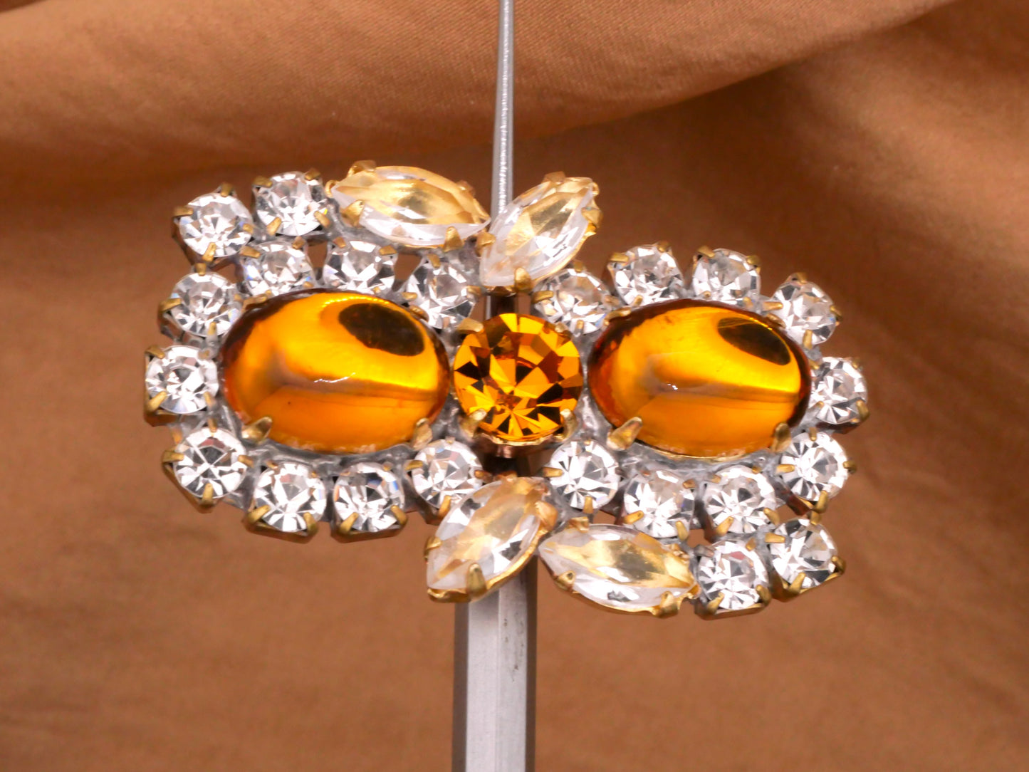 Amber Champagne Czech Glass Rhinestone Vintage Infinity Button 28x45mm