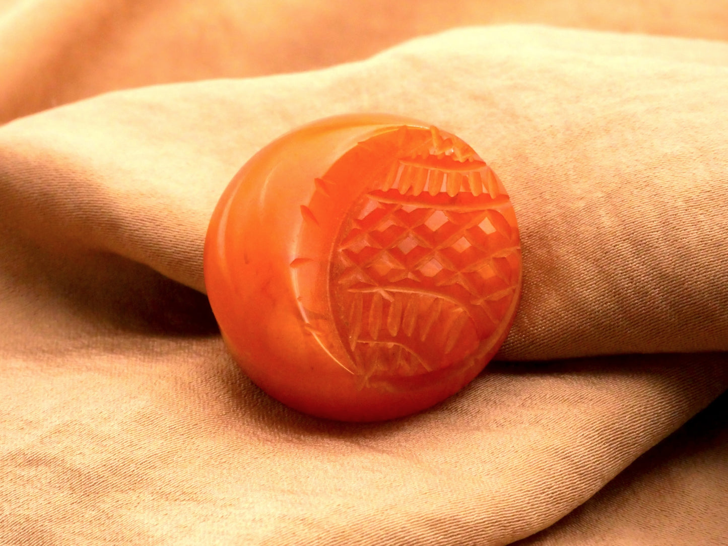 Bakelite Carved Crescent Moon Button Marbled Butterscotch 28mm