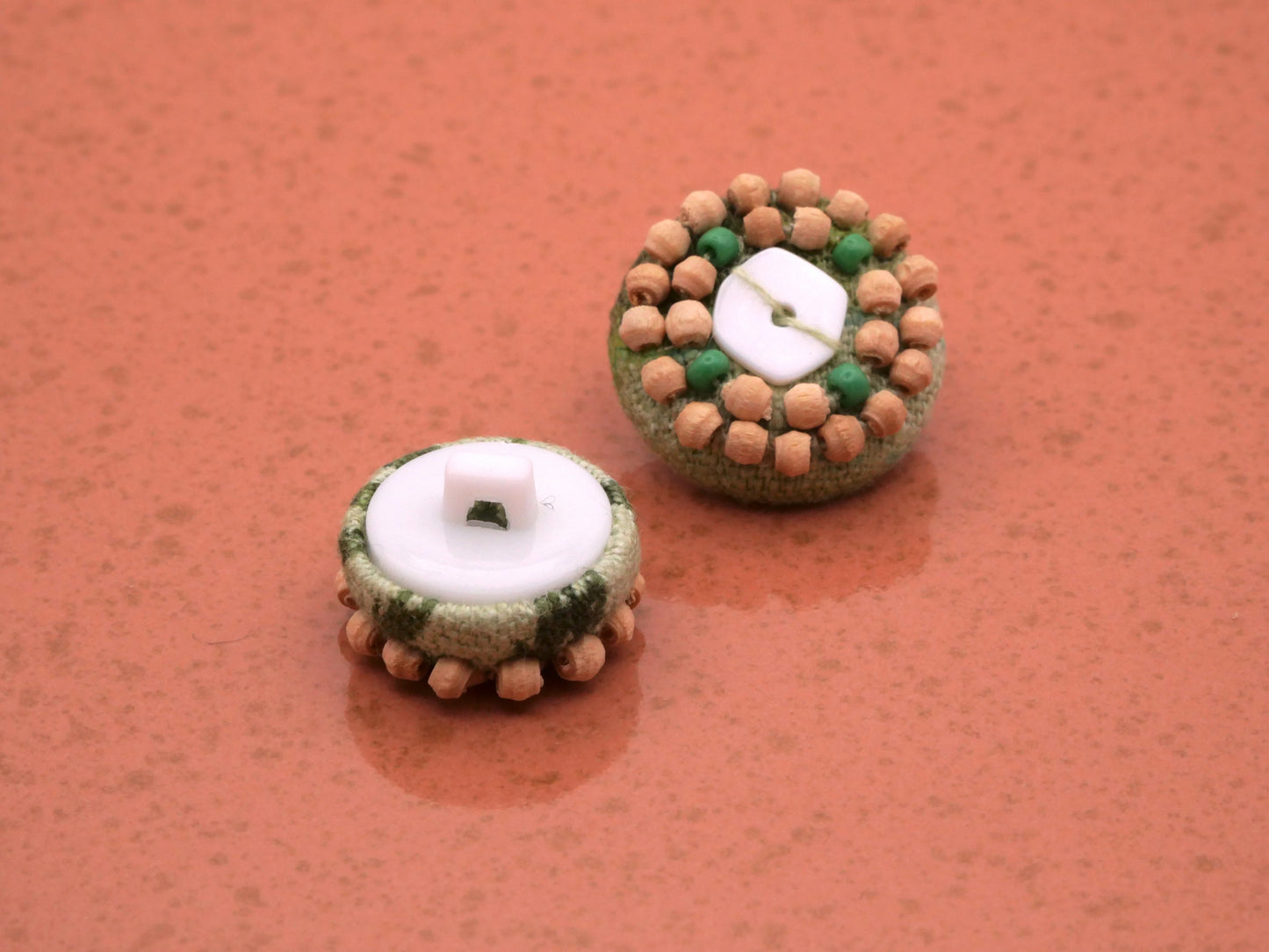 Beaded Shell Fabric Vintage Buttons Pair 16-18mm