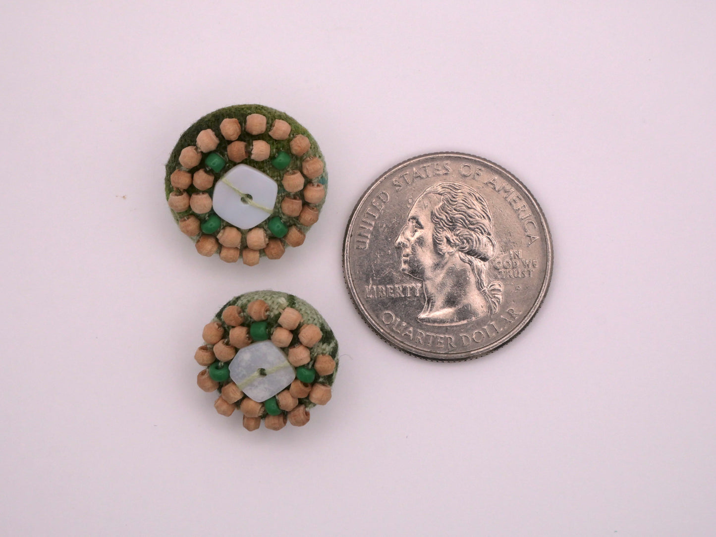 Beaded Shell Fabric Vintage Buttons Pair 16-18mm