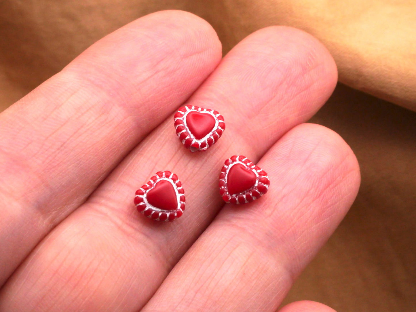 Tiny Heart Beads Red White Set of Ten 8mm